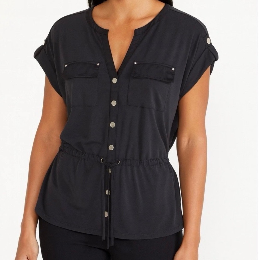 White House Black Market Black Snap Button-Up Blouse w Drawstring Waist Small